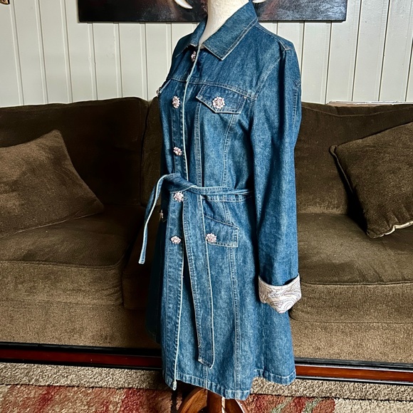 Berek • Medium • Vintage • Blue • Denim • Pink Rhinestones Buttons • Trench Coat - Picture 8 of 12